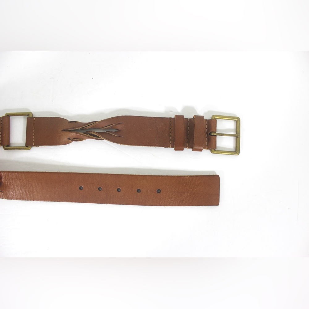 Vintage Tan Leather Belt with Brass Buckle and Details and Twisted Leather Braid